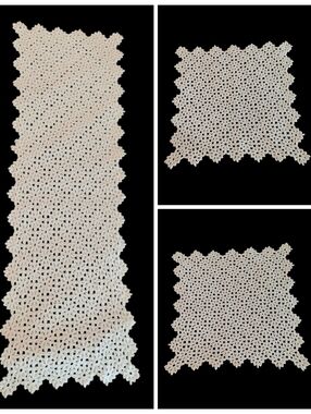 VTG Off White Crocheted Floral Lace 2 Square Doilies 1 Rectangular Table Runner